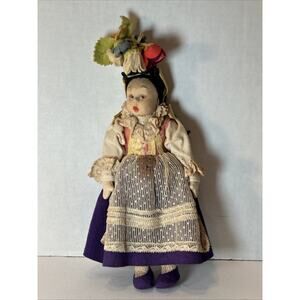 Antique Italian Lenci-Style Felt Doll w/ Flower Pot 11” Val Gardena c.1920s
